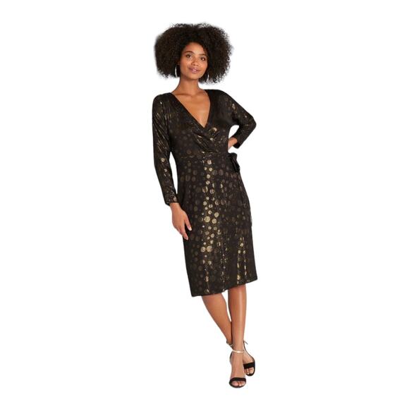 NWT ModCloth Golden Record Party Wrap Dress XS Black Gold Tie Waist Retro Chic - Picture 1 of 7